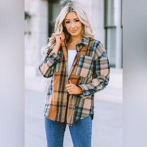 💫Plaid Curved Hem Shirt Jacket with Breast Pockets